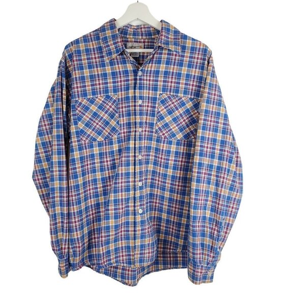 Carhartt‎ XL Plaid Blue Button Up Shirt Long Sleeves 100% cotton - Picture 1 of 5